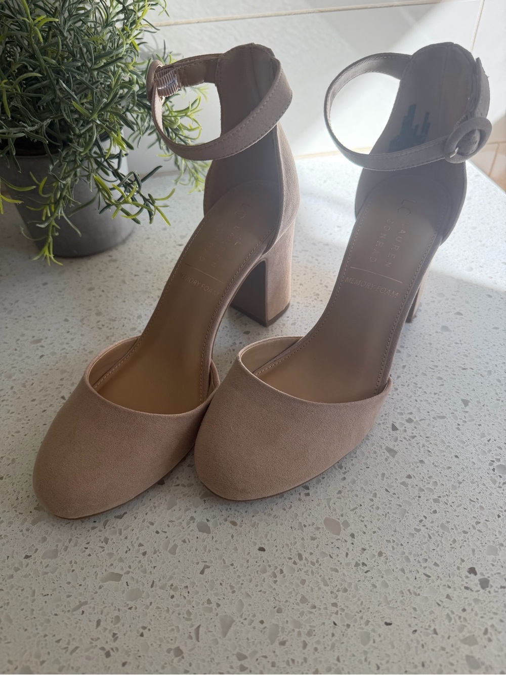 LC Lauren Conrad Nude Blush Suede Block Heel Sandals with Ankle Strap